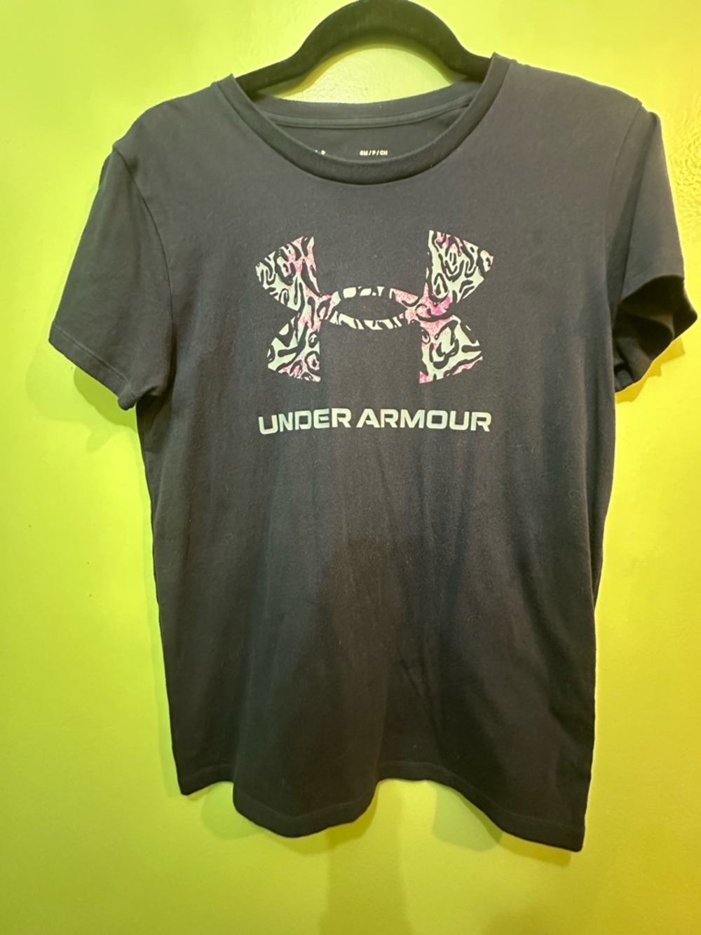Under Armour Black Tee with pink and teal Logo